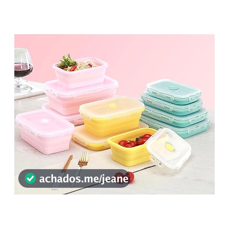 Marmitas Lancheira Retrátil Silicone Pote Dobrável C/ Tampa Trava de Segurança