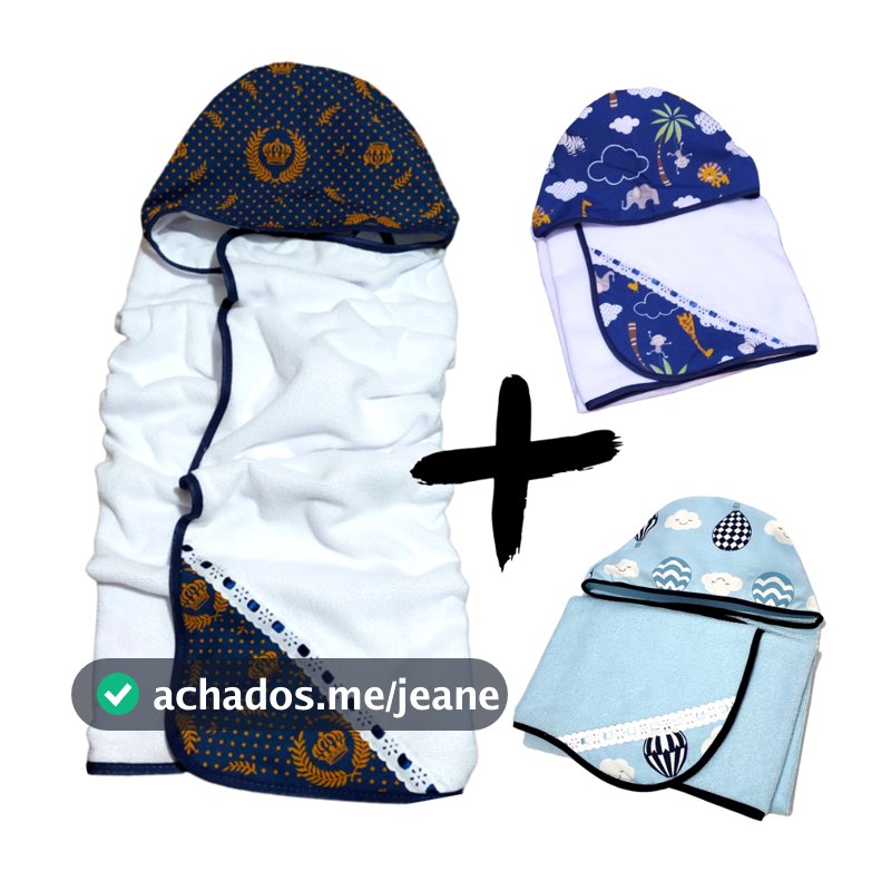 Kit com 3 Toalha De Banho Bebe Dupla Face Modelo Luxo Com Capuz Forrada com Fralda 100% Algodão