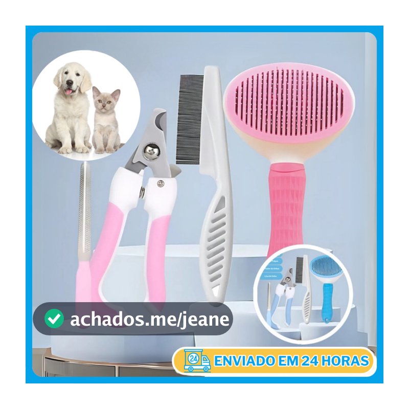 Kit 4 Itens Higiene Completo para Cães e Gatos - Essenciais Escova Pente Anti-Pulgas Cortador Lixa
