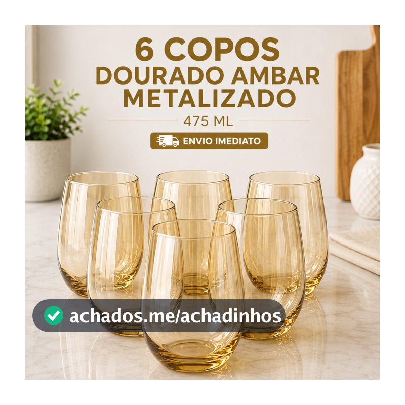Jogo 12/6/4 Copos Vidro Dourado Metalizado Luxo 475ml - Resistente Aruba