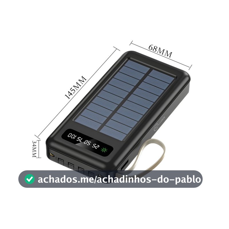 Carregador Portátil Solar 20000mAh Power Bank com Cabos Embutidos Display Digital USB Rápido