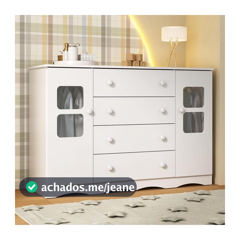 Cômoda Infantil para Bebê 125cm 2 Portas com Vidro e 4 Gavetas Serena Multimóveis MP4435