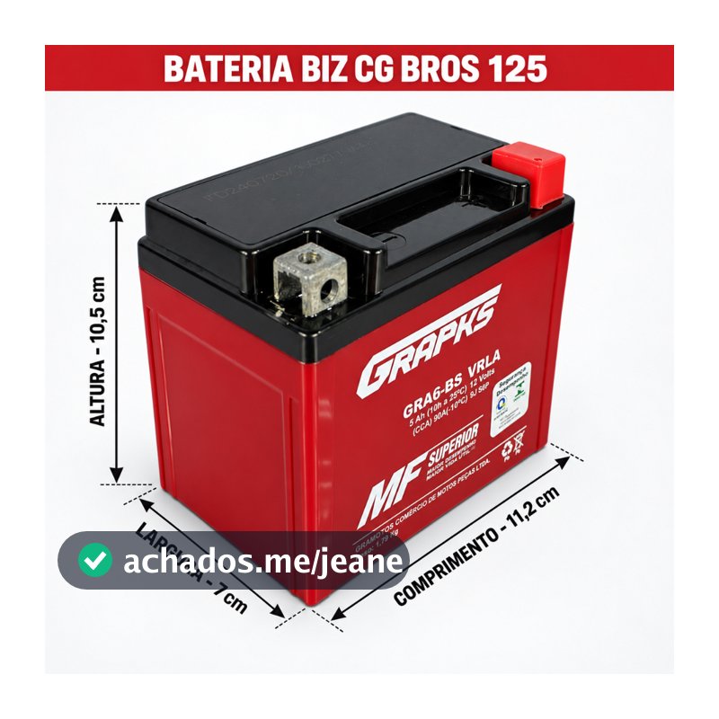 Bateria Moto 6BS 5 amperes Grapks CG 125 150 160 Bros125 Selada Livre de Manutenção