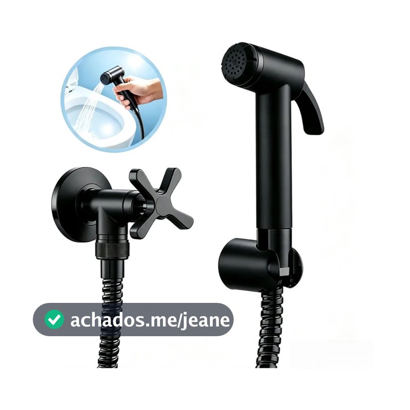 Ducha Higiênica Preto Metal Banheiro Completa com Registro 1/4 Volta Gatilho Metal Mangueira Cromada 2m Moderna
