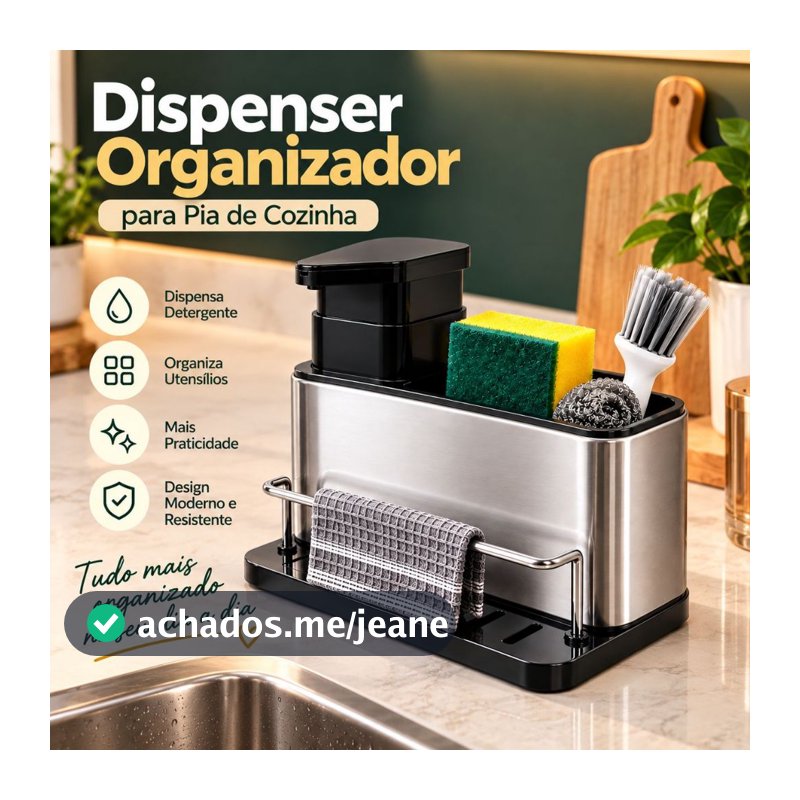 Organizador de Pia Inox com Dispenser Detergente Porta Esponja Escova Escorredor Suporte Multiuso