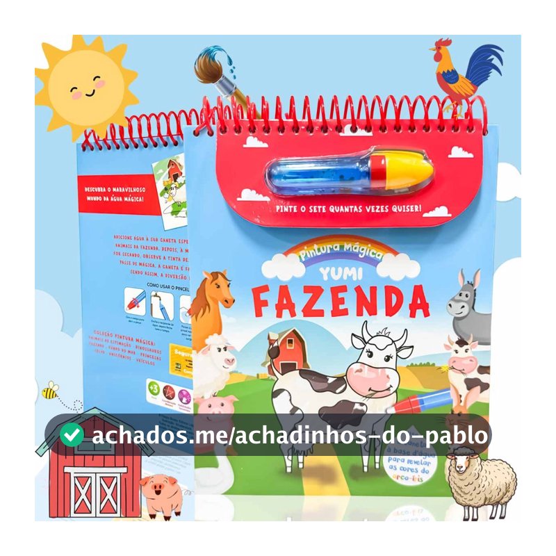 Livro Infantil Pinte Com Água Animais da Fazenda | Acompanha Pincel Para Crianças - Capa Dura Espiral