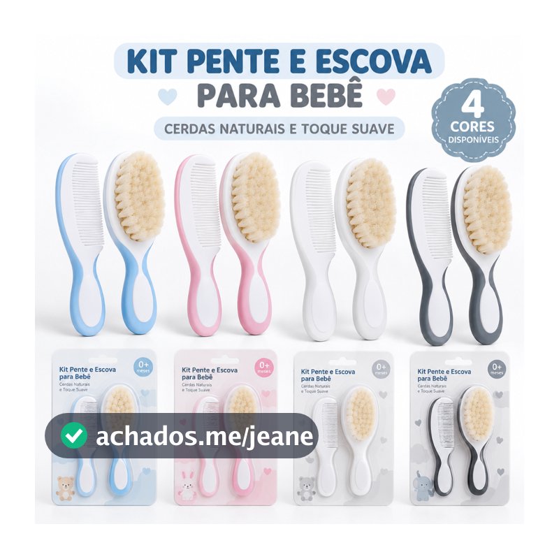 Kit Pente e Escova p/ Bebês Azul Rosa Branco Cinza Cerdas Naturais Macias Cuidado Bebe