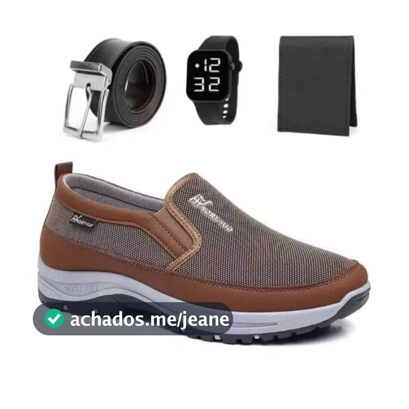 Kit Tênis Sapatilha Mocassin Casual de Passeio Macio Reforçado Com Solado Impermeável Top + Cinto Carteira e Relogio
