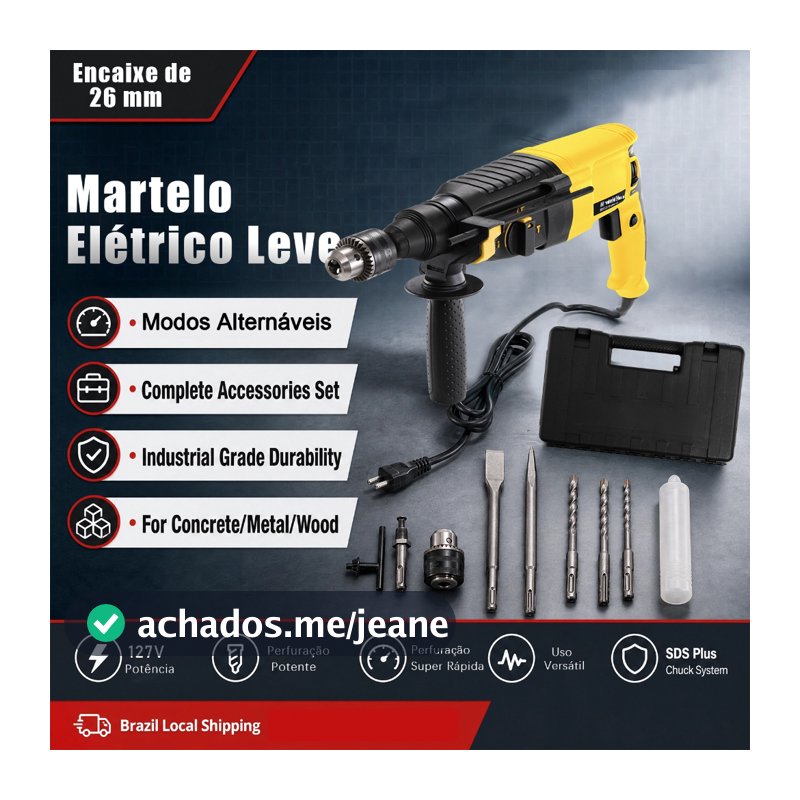 Martelete Rotativo SDS Plus Modelo 26 1300W Com Fio丨Perfuração e Cinzelamento丨Acompanha Maleta Completa丨3 Funções