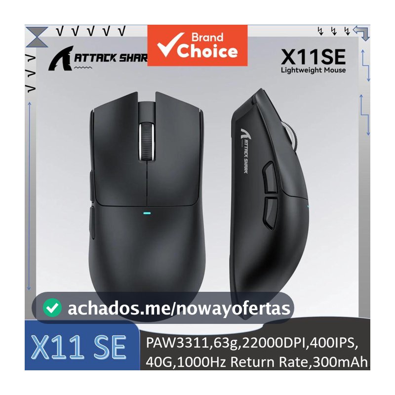 Mouse Gamer Leve Tri-Modo ATTACK SHARK X11 SE, Vida útil HUANO 20 milhões de cliques, PAW3311, 63g, 22000DPI, 400IPS,