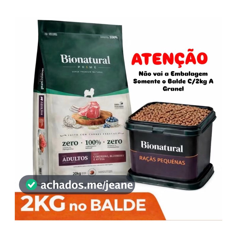 Ração Bionatural Prime vai 2Kg no Balde Cães Adultos Raças Pequenas Cordeiro Blueberry, Coco e Aveia