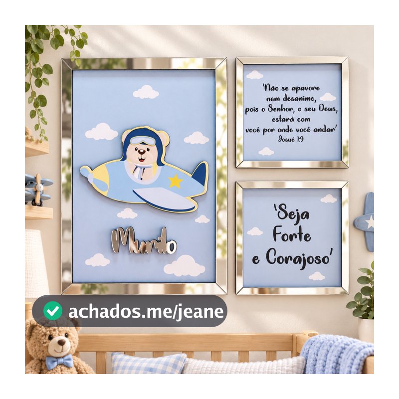 Kit 3 Quadros Personalizado Com o Nome Menino Quarto Baby Bebê Urso Aviador  Ursinho Aviador