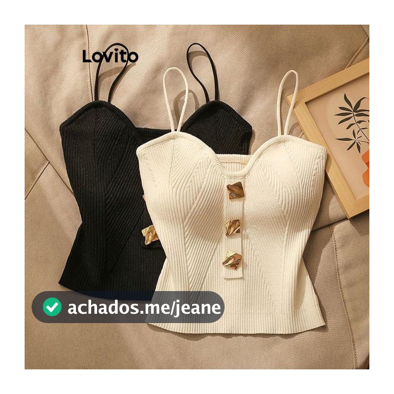 Lovito Casual Regata Com Botão Liso De Metal Redondo Para Mulheres LNL38050 (Branco/Preto)