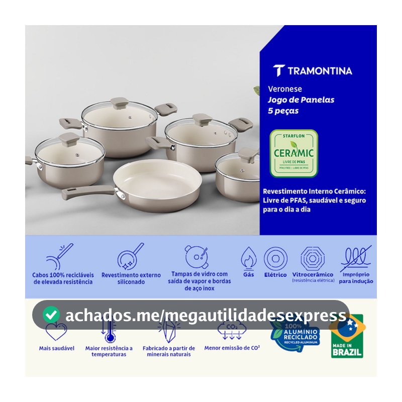Jogo de Panelas Tramontina Veronese Cêramico e Aluminio Bege 5 Peças Antiaderente