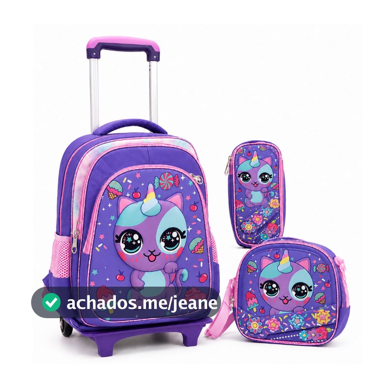 Mochila De Rodinhas Kit Escolar Com Lancheira e Estojo Penal Infantil Menina Gatinho Fofo Mochila Grande