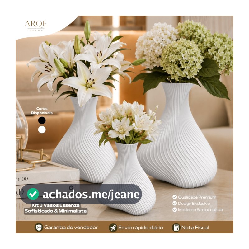 Kit 3 Vasos Essenza Arqé Decor Luxo Decorativo Sofisticado Minimalista Moderno Elegante para Sala Quarto e Escritório