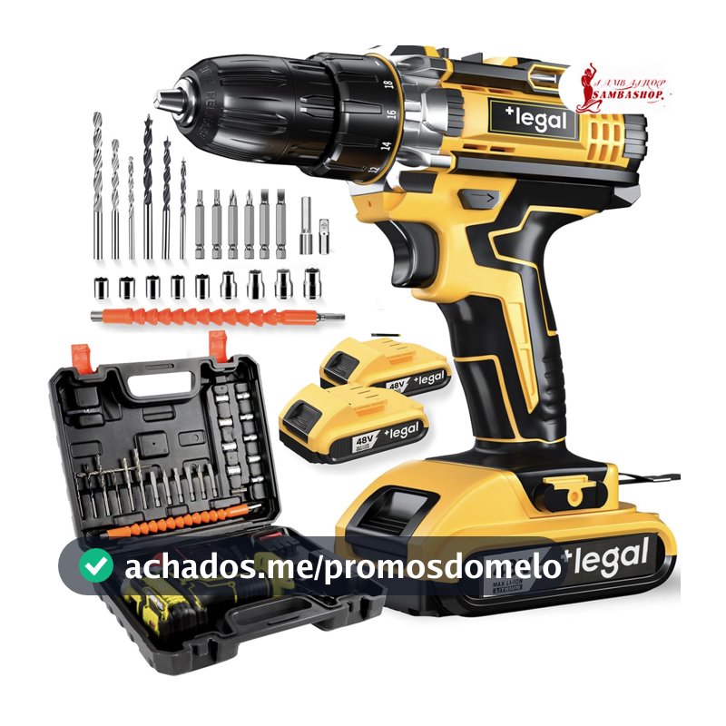 Conjunto de parafusadeira elétrica 26V/48V, incluindo caixa de ferramentas e acessórios.