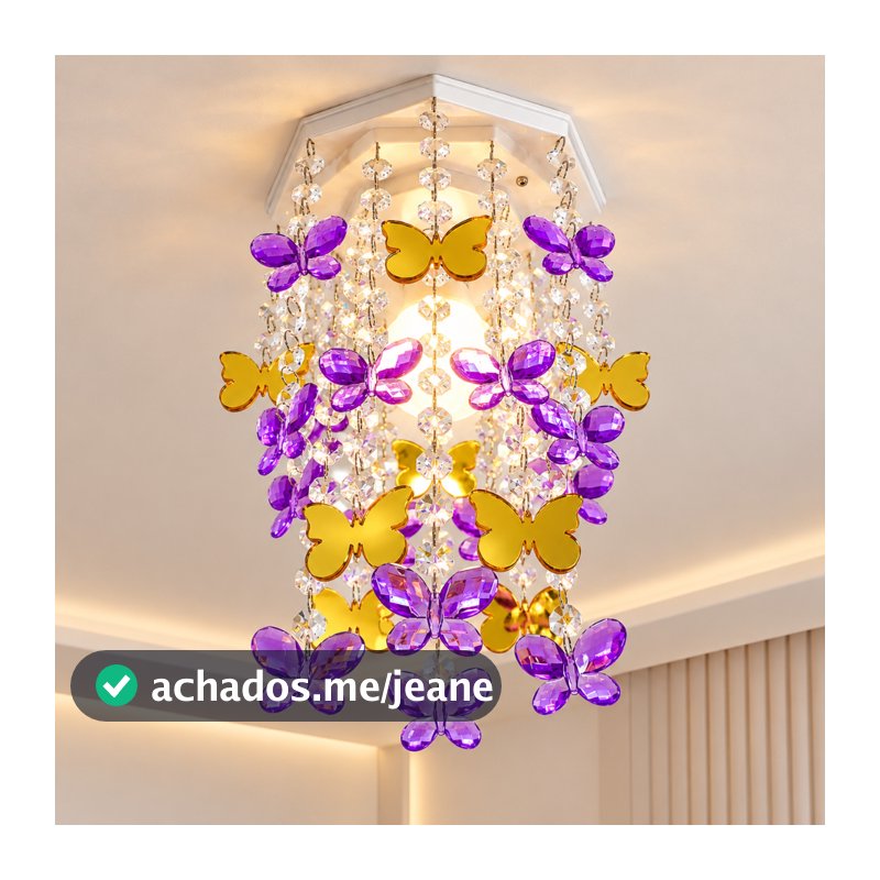 Lustre Infantil de Teto Luminária para Quarto Feminino Quartinho de Princesa Borboletas Douradas com Roxo