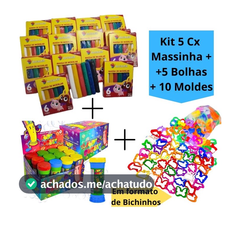 Kit 5 Cx Massinha de Modelar + 5 Bolhas de Sabão + 10 Molde Cortador Kit Festa Lembrancinha Infantil Escolar