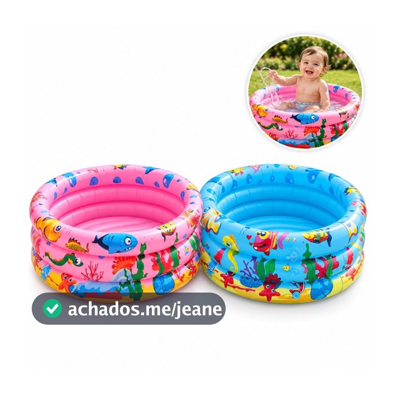 Piscina Infantil Inflável 60cm 3 Anéis Bebê Verão Menino Menina 28 Litros PVC Atóxico Rosa Azul