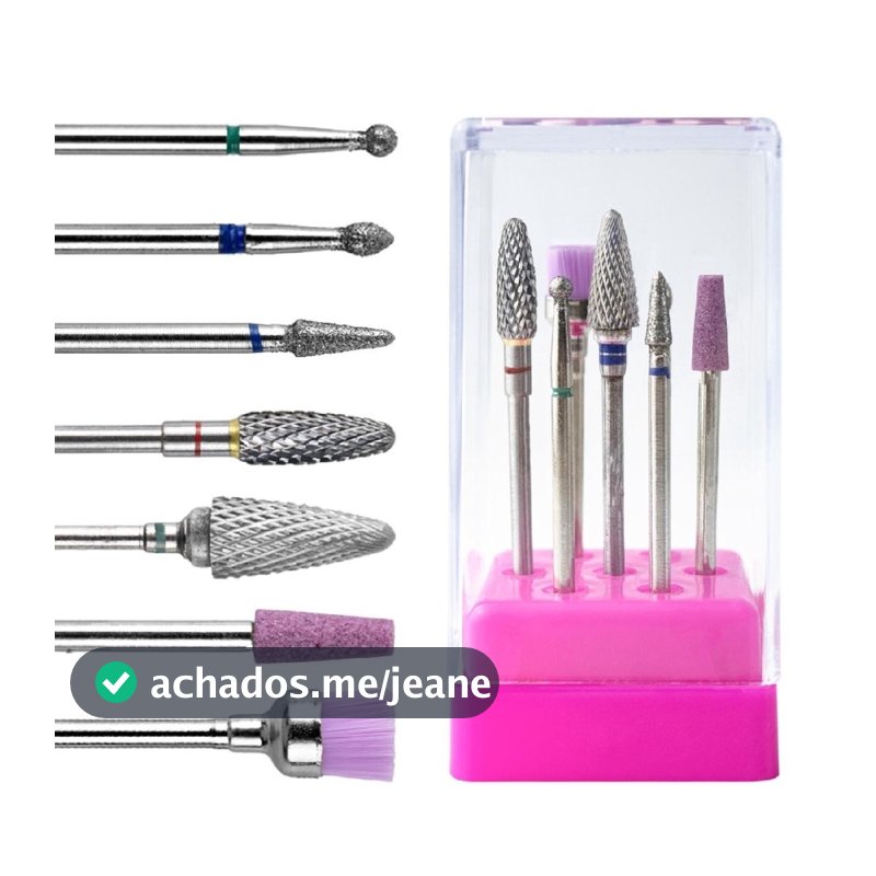 Kit 7 Broca Tungstênio Diamantada Polir Limpeza + Suporte Unhas Gel Alongamento Fibra Unha Brocas DH