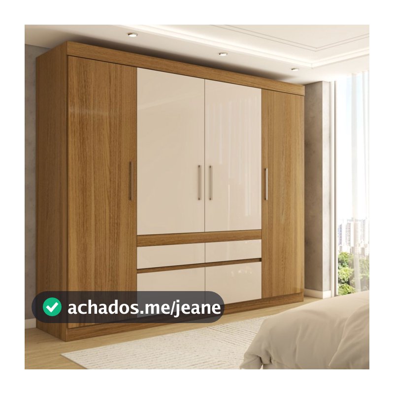 Guarda-Roupa Casal Pandora 4 Portas 4 Gavetas Amêndola Touch/Off White - Panorama Móveis