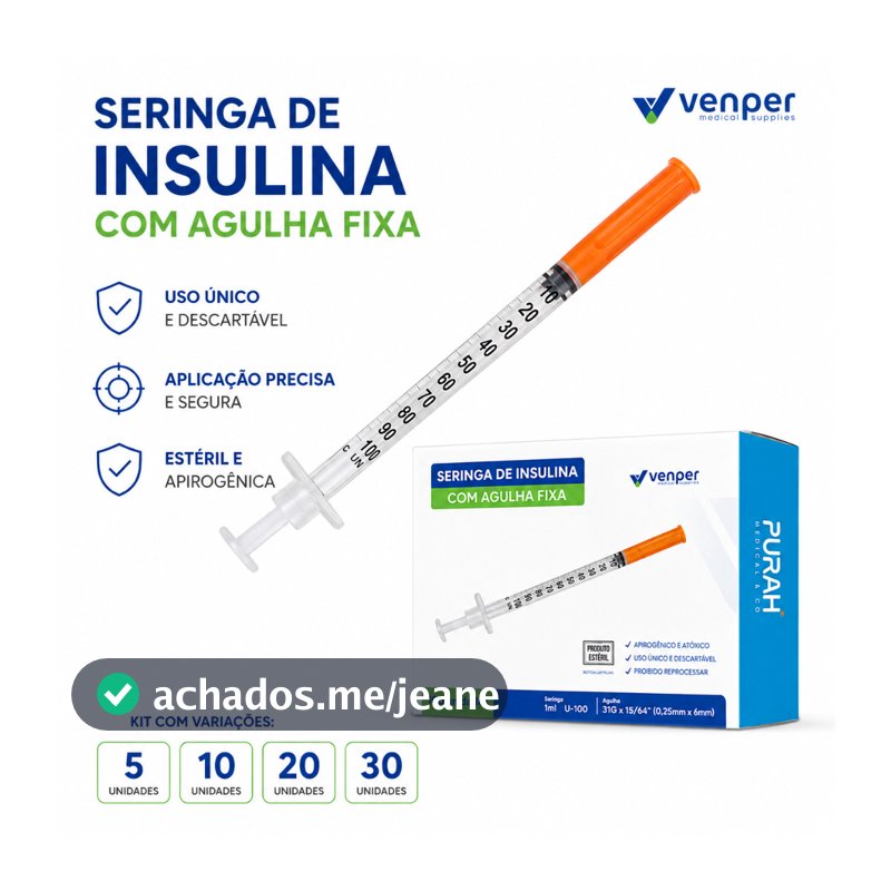 Kit Seringa de Insulina U-100 1ml 31G 6mm Kit 5, 10, 20 ou 30 Unidades Agulha Fixa Original Estéril Premium