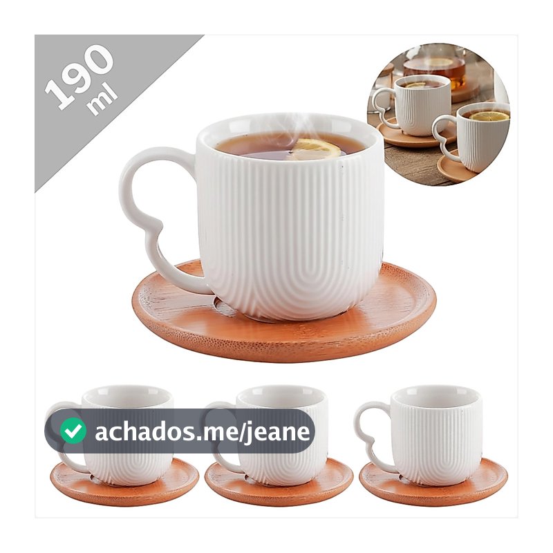Conjunto 4 Xícaras Oásis Cerâmica Canelada 190ml Pires Bambu Madeira Para Café Chá Capuccino