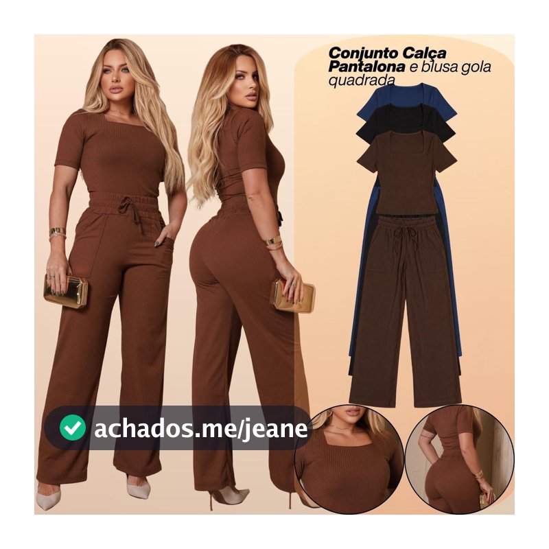 Conjunto Feminino Calça Pantalona e Blusa Gola Quadrada Inverno Frio