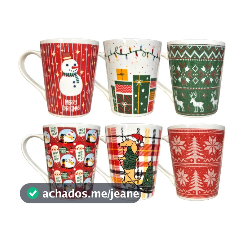 Canecas de porcelana brancas, cônicas, decoradas, 290 ml, xícara, café, chá, Col5-NATAL - 6 canecas