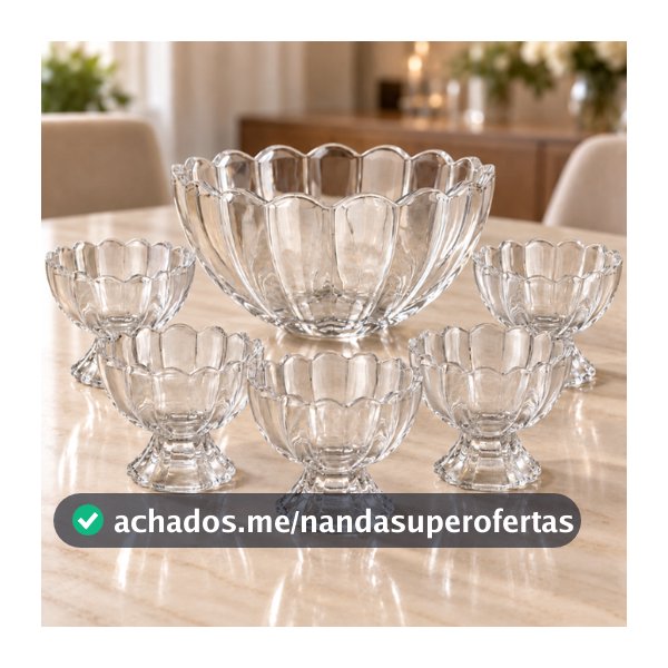 Kit 7 Pecas Bowl com 6 Tacas de Vidro Para Sobremesa Wolff Conjunto para Doces Mesa Posta Cafe e Receber Praticidade Uso