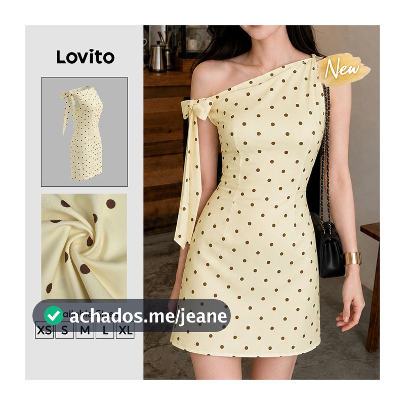 (New Arrival) Lovito Vestido Feminino Amareloclaro Com Estampa De Bolinhas Amarração E Barra Assimétrica Para Primavera/verão Casual Curto E Evasê DRB206TD164