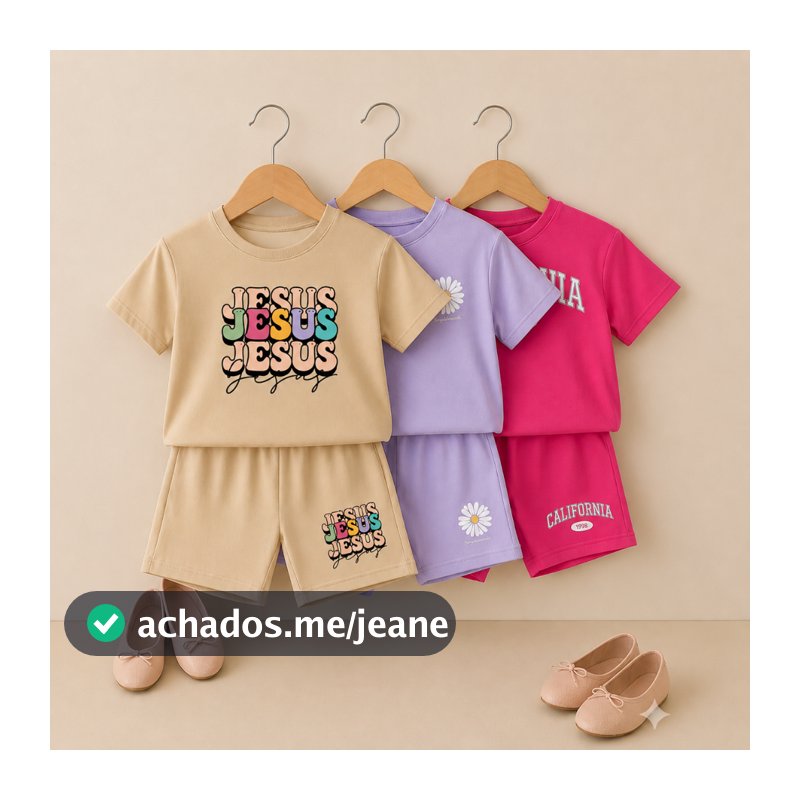 Kit Infantil 6 peças 3 conjuntos menina  short e camiseta  off jesus lilás florz pink california