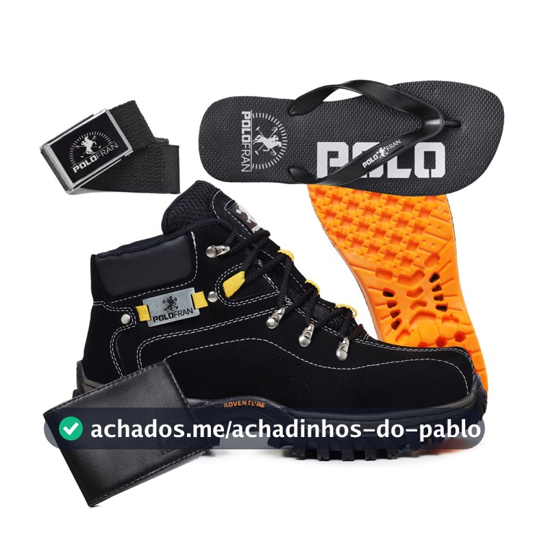 Kit Bota Adventure Polo Fran Preta Coturno Botina em Couro + Chinelo Carteira Cinto Palmilha