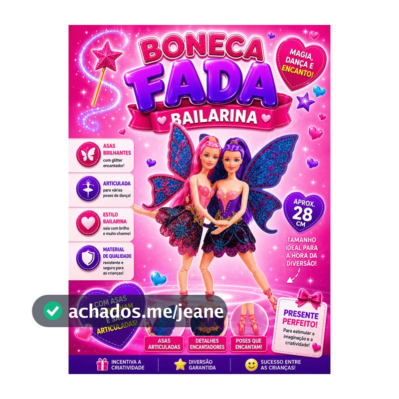 Boneca Bailarina Fada Com Asas Grande c/ Escovinha de Cabelo