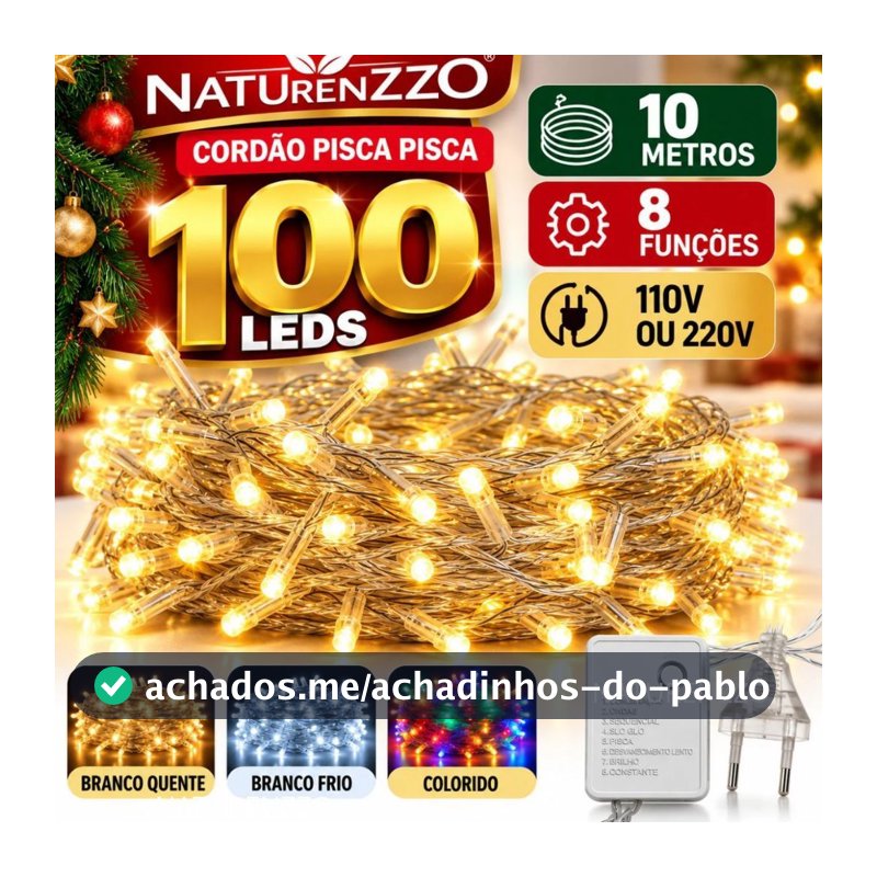 Cordão Pisca Pisca De Natal Fio Transparente 100 Lâmpadas Led 10mts Cor 8 Funções Varias Cores 110/220v