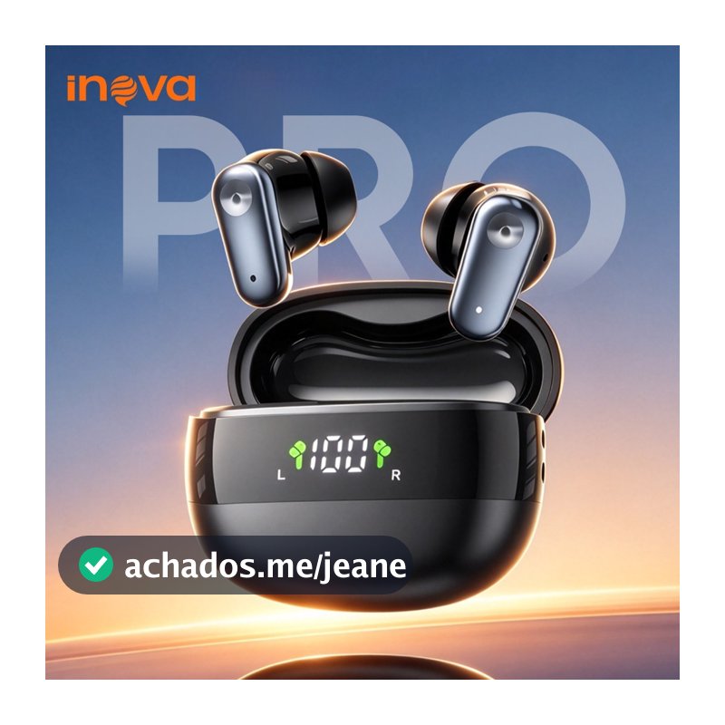 INOVA Fone de Ouvido Bluetooth TWS Sem Fio Bluetooth 6.0 Display LED 50h Bateria Longa USB-C HIFI Estéreo IPX5 Touch