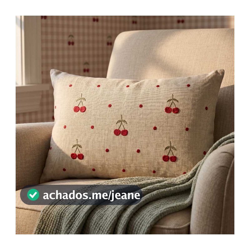 Almofada Baguete Bordada Cerejas Linho 35x49cm Com Enchimento Quarto Bebê Cama Posta