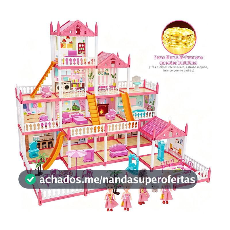Casa de Boneca Princesa 4 Andares 14 Cômodos com Luz LED, 4 Bonecas, Escorregador e Móveis Completos Brinquedo Educativo