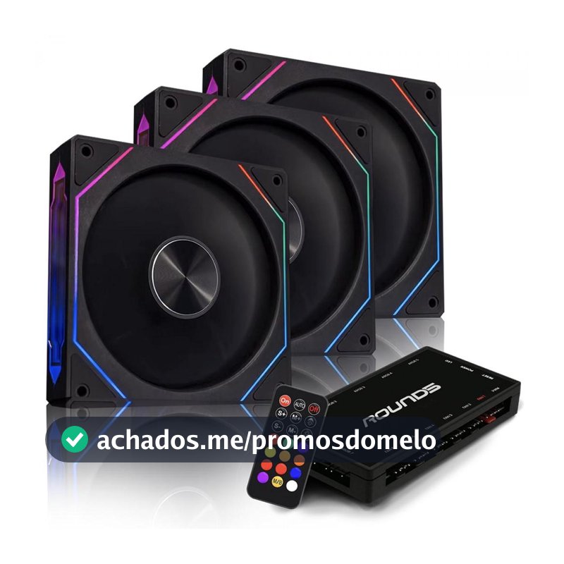 Kit Fan com 3 Unidades Round5 Nordwind Black, ARGB, 120mm, Com Controladora, PWM, Preto, R5-KIT-NORDWIND-FW-B-2221