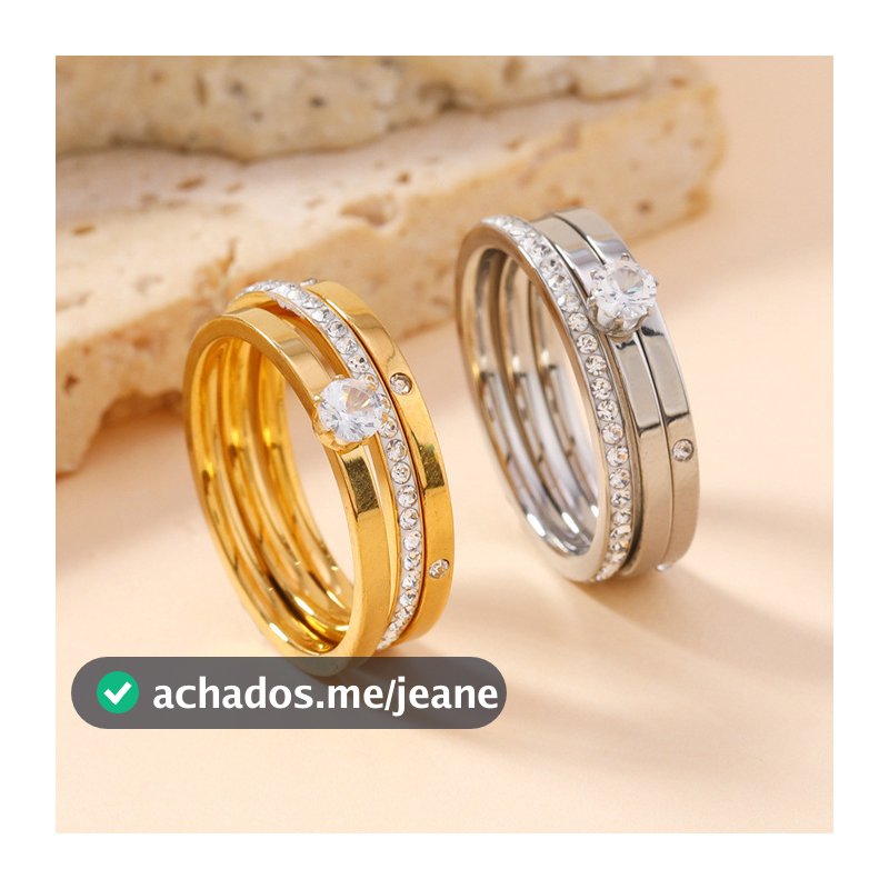 BLOSSOM Conjunto de três anéis Anel de aço inoxidável com diamante Anel de dedo indicador que não desbota Anel de dedo m