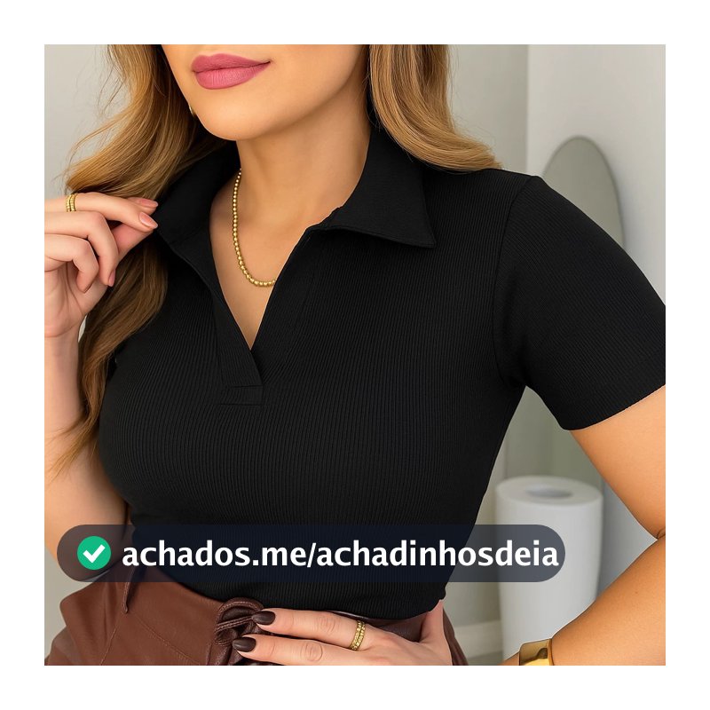 Camiseta Feminina Canelada Gola Polo Manga Curta P Ao G Preto Lisa P