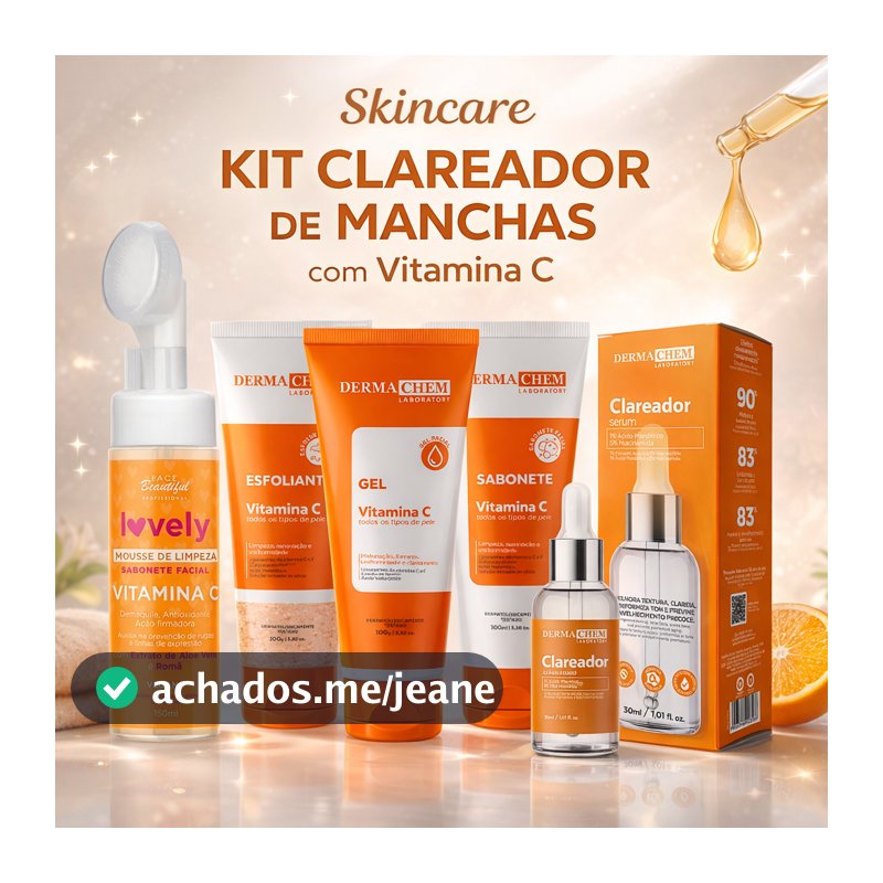 Skincare Vitamina C Dermachem serum clareador sabonete esfoliante mousse de limpeza