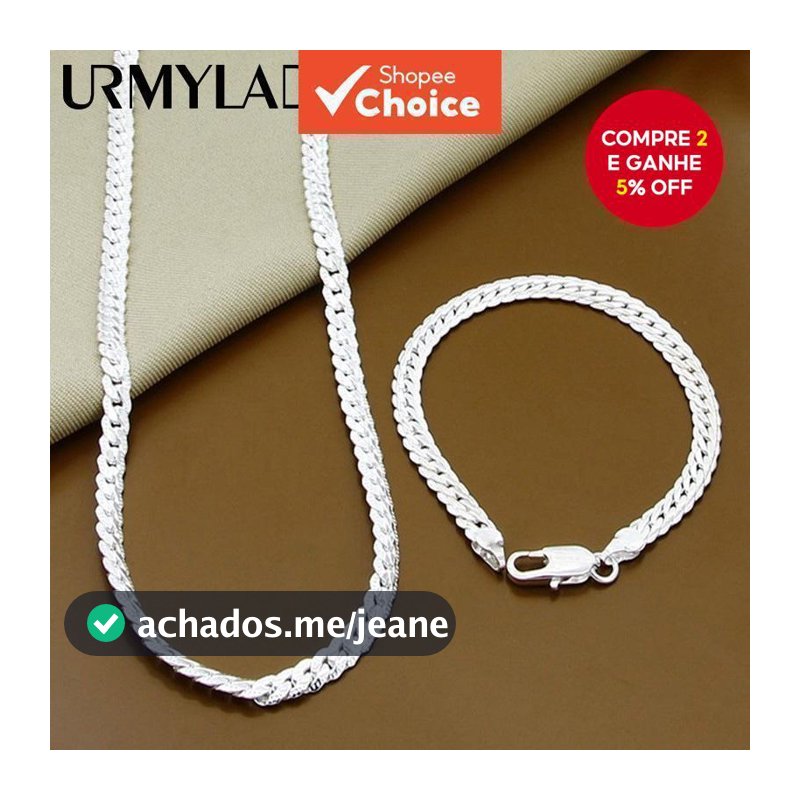 Conjunto De Corrente De Prata URMYLADY 2 Peças 6 Mm Colar Lateral Pulseira Presente Unissex