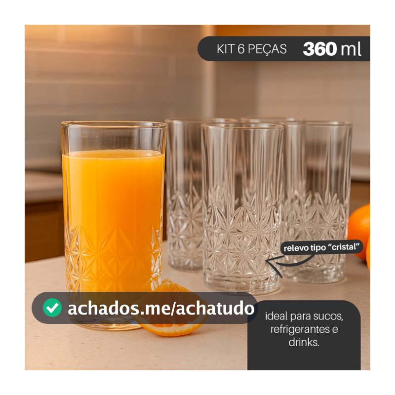 Jogo 6 Copos de Vidro Adhara 360ml – Design em Relevo Estilo Cristal