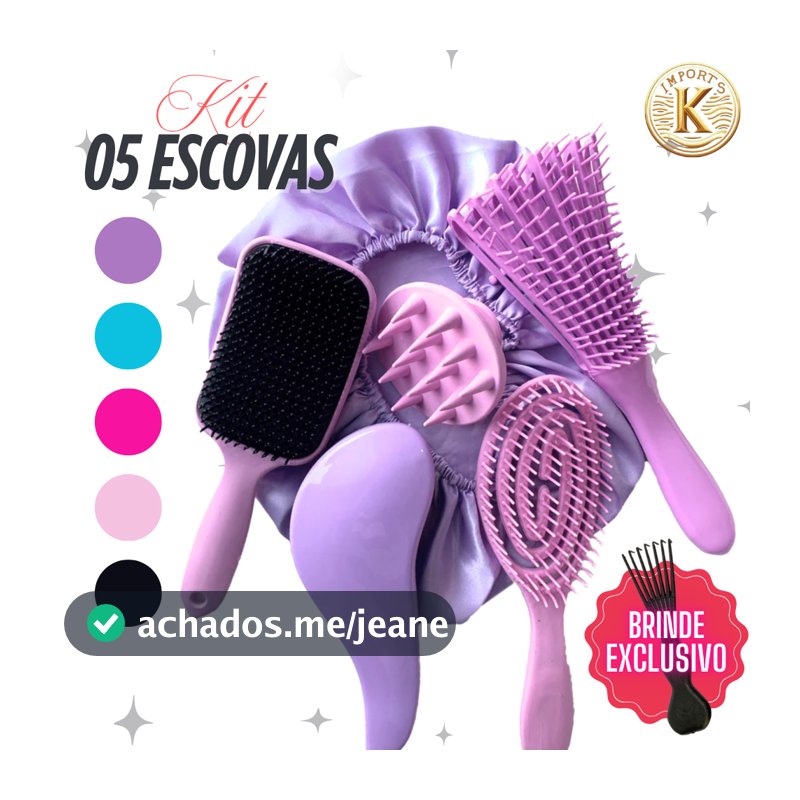 Kit 5 Escovas de Cabelo  + Touca de Cetim – Raquete Fashion, Mágica, Polvo, Massageadora de Silicone