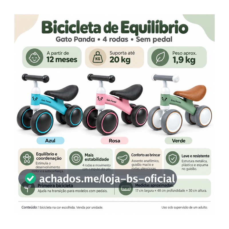 Bicicleta Infantil Menino e Menina Bicicletinha Equilíbrio Bebê 4 Rodas sem Pedal Gato Panda