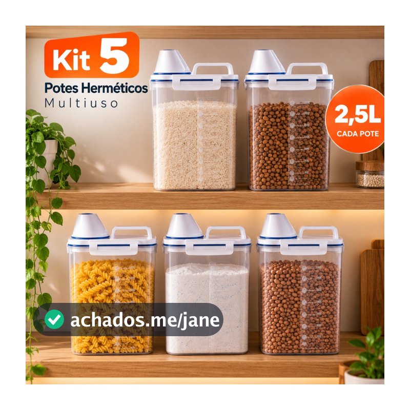 Kit 5 Potes Multiuso Herméticos 2,5L Porta Alimentos Grãos Ração Pet Sabão com Bico Dosador