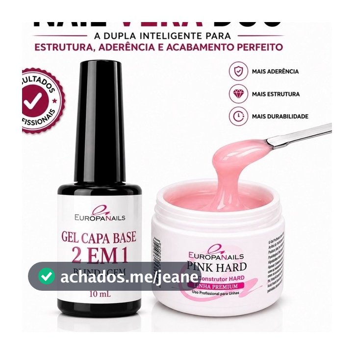 Kit Gel Capa Base 2 em 1 + Gel Construtor Alongamento de Unhas Europa Nails + Brinde