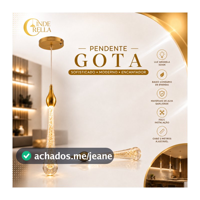 Pendente Gota LED 30cm Dourado – 3200K Luz Quente Bivolt